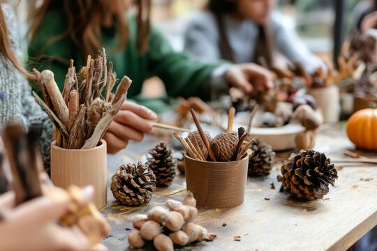 Families Enjoying Autumn Craft Activities With Pine Cones and Natural Materials Outdoors