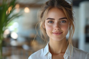 Obraz premium Young professional woman smiling wearing white shirt on grey background