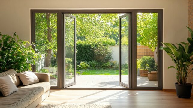Fototapeta Beautiful garden and patio in summer seen from stylish designer room through bifold doors