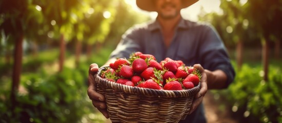 Farmer Holding a Basket of Fresh Strawberries
