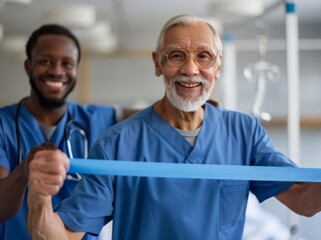 Obraz premium Smiling healthcare professionals in blue scrubs using exercise band in a medical setting