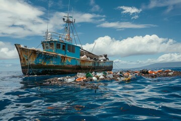 Naklejka premium Ocean cleanup vessel removing debris in a photography shot for environmental conservation
