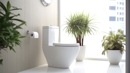 Modern Bathroom with White Toilet and Plants