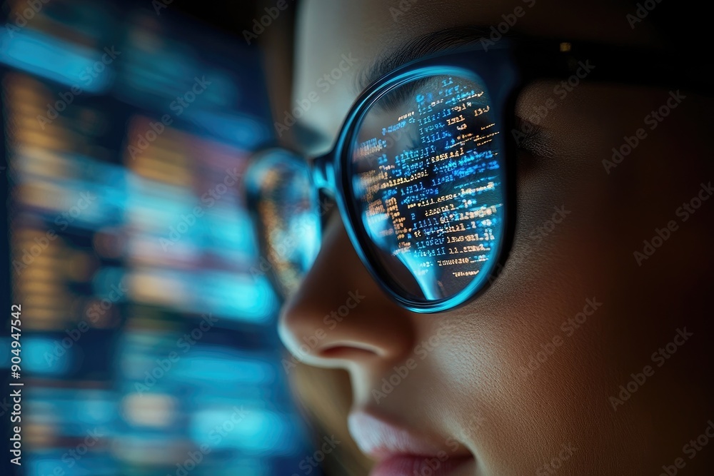 Fototapete Female programmer working on computer code reflecting in glasses