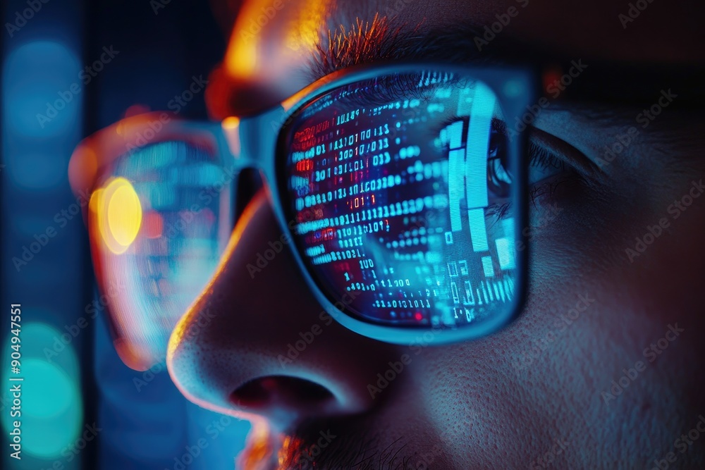Leinwandbilder software developer working at night with code reflecting in his glasses