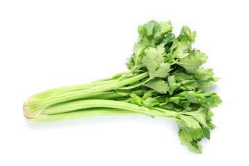 Fresh green celery bunch on white background