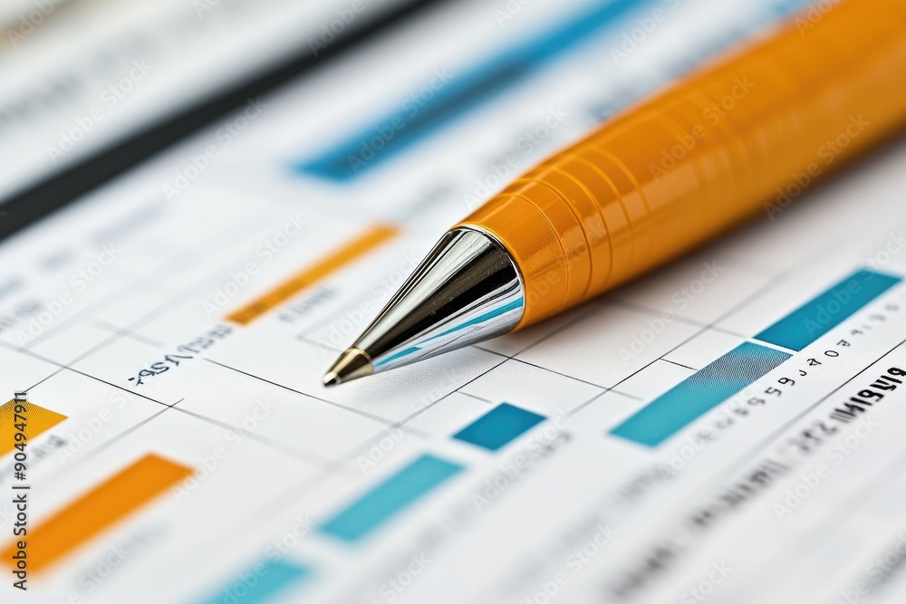 Poster golden pen pointing at growing bars on paper chart report, analyzing financial data