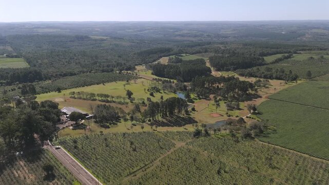 High altitude and tracking aerial movement about the local golf club and green tea fields, Argentina.