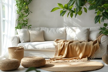 White couch with a brown blanket, pillows on it and a few potted plants in the background. Cozy and inviting atmosphere