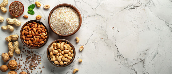 Sesame seeds, sunflower and peanuts in caramel, light marble table, with empty copy space