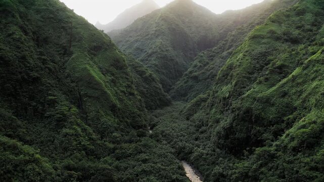 Teahupoo, Tahiti aerial drone view of the river in the valley of mountain Orohena Aorai Ronui. French Polynesia 2024 Paris Olympics surfing spot. Paradise in Pacific Ocean. Moana Disney inspiration.