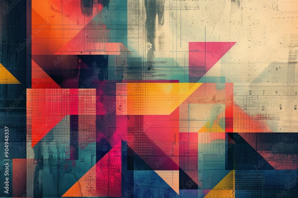 Wall mural geometric triangles in vibrant colors create a dynamic abstract composition, geometric shapes mergin