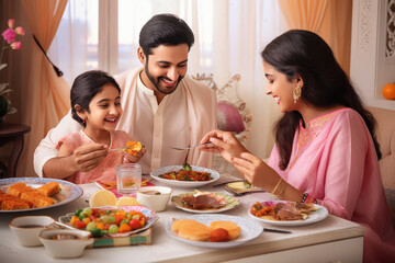 happy indian family eating dinner at home