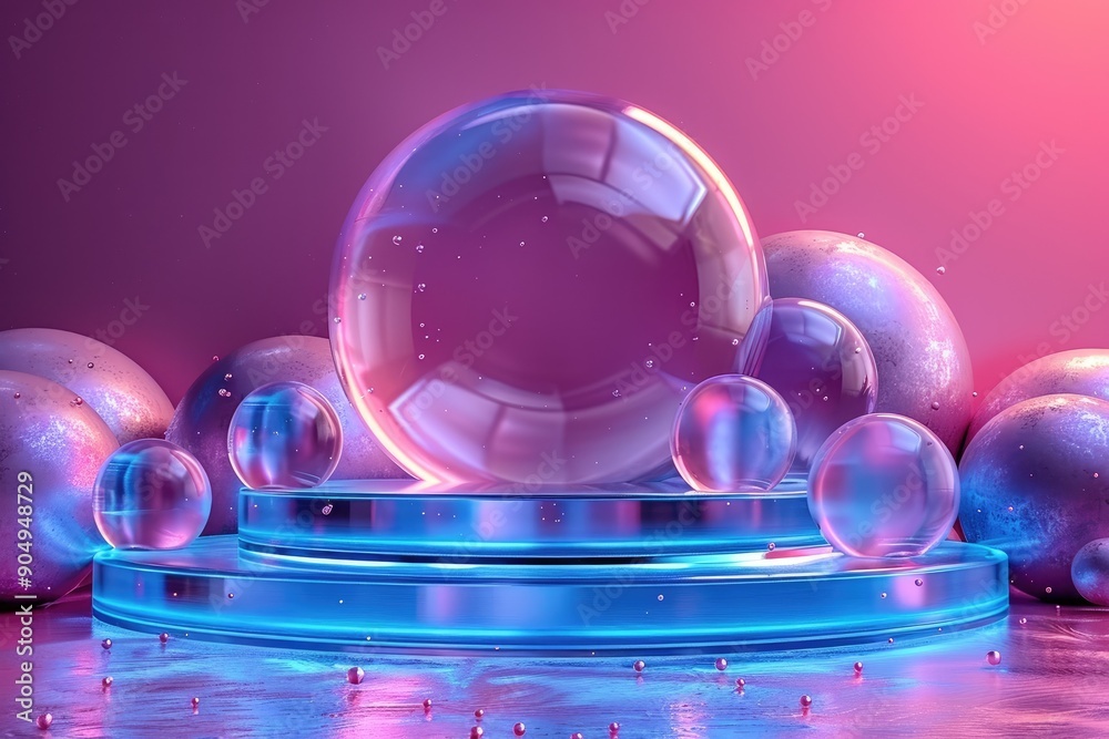 Aufkleber empty podium surrounded by spheres floating on a reflective surface