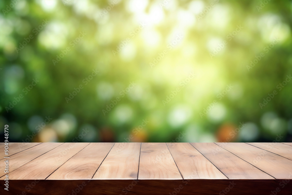 Poster empty wooden table top with abstract green nature garden bokeh background
