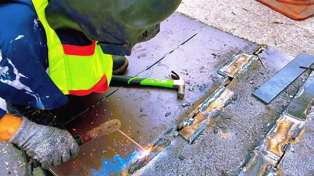 a construction worker welding metal beams