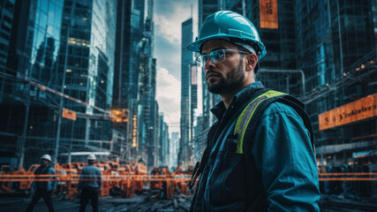 Graphic resource of a a man in a blue vest and a helmet stands in front of a city skyline