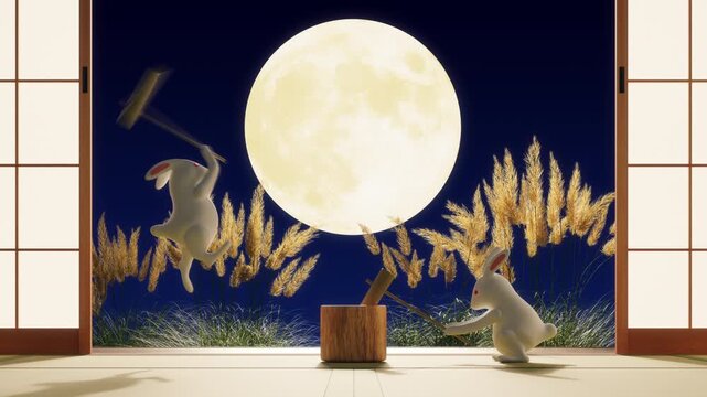 満月の夜に杵で餅をつく白うさぎ / ループ再生可能 / 十五夜・中秋の名月・お月見のモーションイメージ / 3Dレンダリング