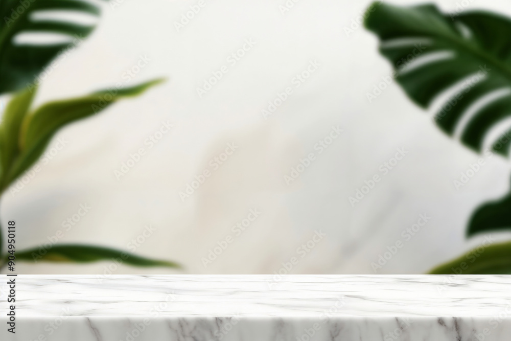 Poster empty white marble tabletop for displaying products with a blurred tropical plant background