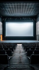 Empty stage for event or business conference with big blank screen mockup. Screen aspect ratio is 16:9. Modern convention hall for presentation or concert template. Chair seats