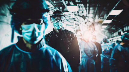 Graphic resource of a a group of people in blue robes are standing in a room.