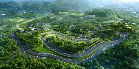 Aerial View of a Winding Race Track Surrounded by Lush Greenery