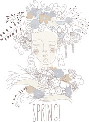 Cute girl wearing floral wreath. Hello spring. Vector illustration