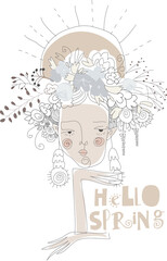 Cute girl wearing floral wreath. Hello spring. Vector illustration