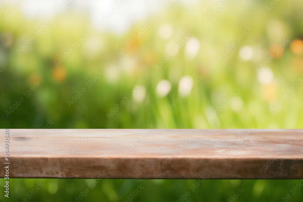 Poster empty wooden table top with blurred green garden background for product placement