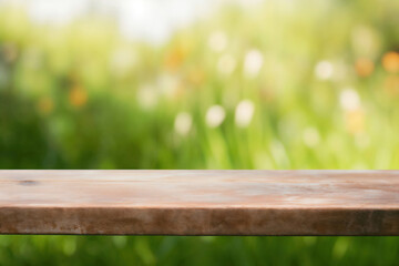 Fototapeta premium Empty wooden table top with blurred green garden background for product placement