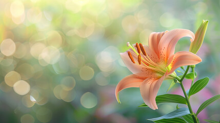 Fototapeta premium Pale pink lily, blurred background 