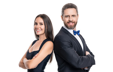 Two man and woman on valentines day. Lovely couple dating. Woman in dress and man in suit with bowtie. Elegant couple isolated on white. Romantic couple spending time together. Poised pair