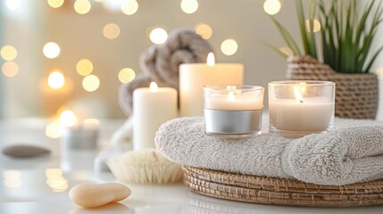 Peaceful spa room with scented candles and dim lighting, fostering a tranquil ambiance