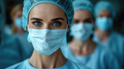 Close-up of a female surgeon wearing a surgical mask and cap, with a focused expression, surrounded by medical team members in the background.