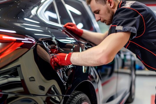 Professional dent removal on car body with spotter  ensuring precision and quality repair