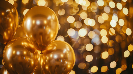 Golden 40th birthday celebration balloons with festive bokeh lights background, anniversary party decor
