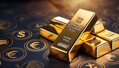 Gold bars with reflections of world currencies symbols, global wealth, international investment