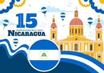 Nicaragua Independence Day Vector Illustration on September 15 with Waving Flag and Ribbon in a National Holiday Flat Style Cartoon Background