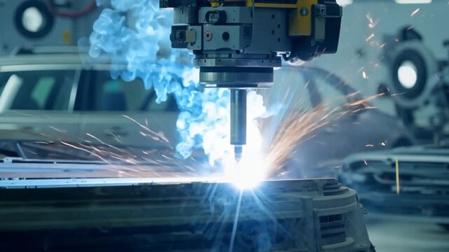 The welding robots represent the movement in the automotive parts industry.
