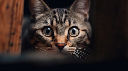 Fototapeta premium Curious Cat Peeking from Behind a Wooden Surface