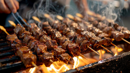お祭りの屋台の牛串焼き