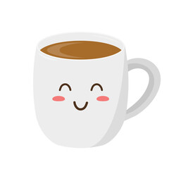 Happy cute smiling funny kawaii cup of coffee. White kawaii cup emoji. Isolated on a white background. Vector illustration in flat cartoon style.