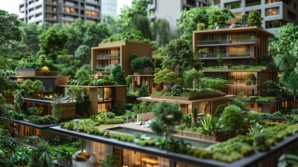 Urban planners design sustainable city models featuring eco-friendly green spaces and community gardens, integrating lush vegetation around energy-efficient residential house for a sustainable future.