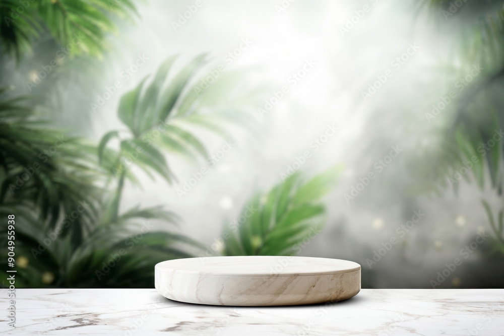 Poster empty round marble podium on table with blurred tropical forest background