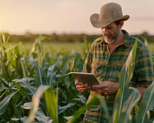 Modern farmer using digital tablet in corn field for esg crop analysis with ai technology