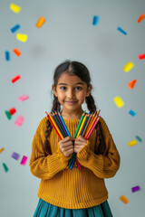 Fototapeta premium happy indian schoolgirl holding colorful pencils