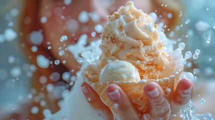 Celebrating Summer With Delicious Ice Cream in a Colorful Cone During a Fun Water Splash