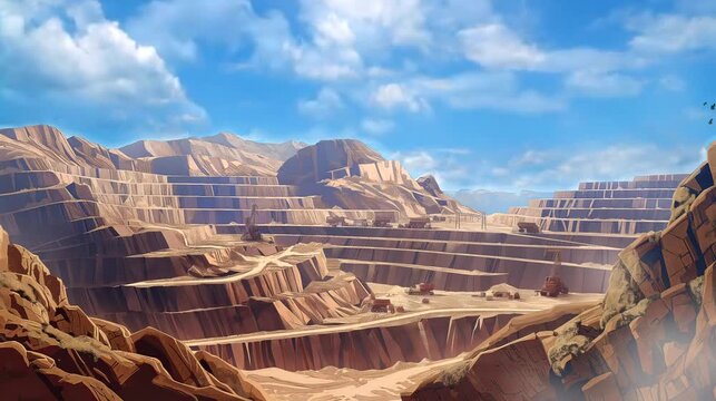 A panoramic view of a rugged mountainous landscape scarred by open-pit mining. Fantasy landscape, looping 4k video animation background