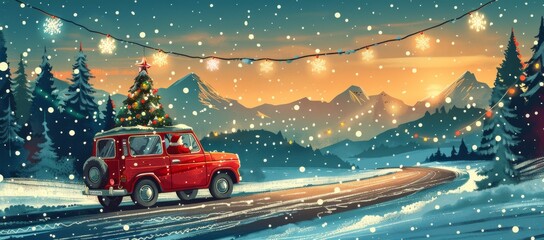 Festive red car carrying a Christmas tree in snowy mountain landscape