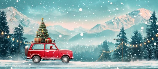 Vintage red car carrying a Christmas tree on a snowy mountain road at sunset